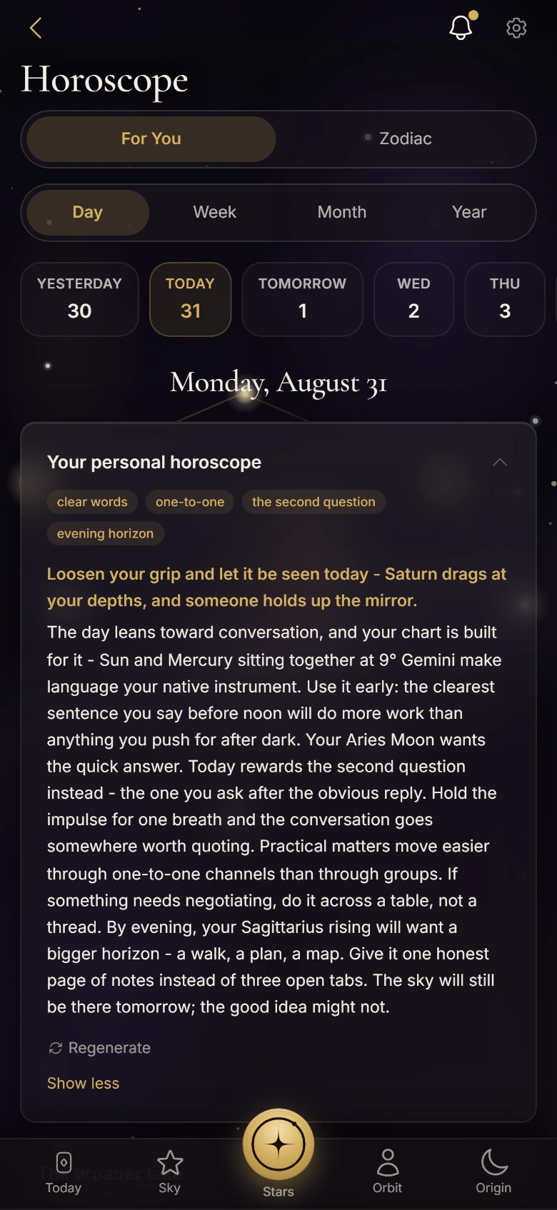 The StarBind app showing a personal daily horoscope